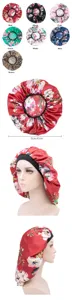 Comfortable satin sleep bonnet hair cap with beautiful floral print long size 40cm red