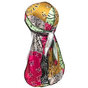 Detailed view of colorful paisley pattern long tail durag silk-like headwrap cap for daily wear.