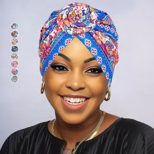 Women African Style Turban Hat Vintage Floral Printed Elastic Twisted Knot Beanie Cap Headwrap Head Cover Fashion Accessories