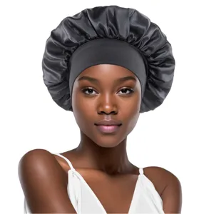 Black satin sleep cap for women, wide band hair bonnet for comfortable overnight hair protection.