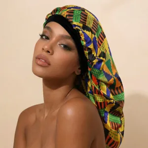 Retro printed long satin sleep cap for women, elegant fashion hair bonnet for night care.