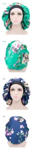 Detailed view of floral satin sleep bonnet with black elastic band, soft hair care cap.
