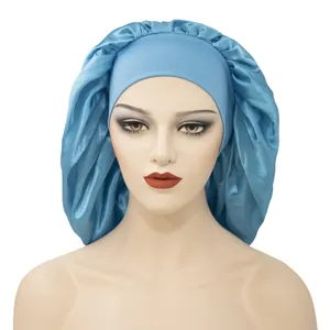 Extra large solid color satin hair bonnet and elastic sleep cap for comfortable night care.