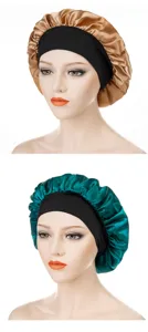 Satin sleep bonnet detail, wide black elastic band, soft silk-like hair care cap for women.
