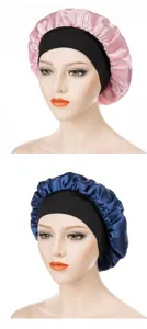 Detailed view of the satin sleep cap featuring a wide elastic black band for hair protection.