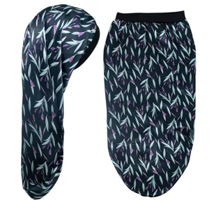 Long satin sleep cap for women, soft hair care bonnet with floral print and elastic band.