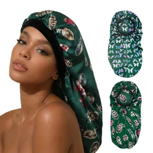 Women Vintage Printed Satin Sleep Cap Long Hair Care Night Hat Elastic Wide Band Headwrap Soft Sleepwear