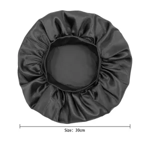 Black silk satin sleep bonnet hair care cap for women 30cm wide edge elastic night sleeping hat