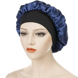 Women Satin Sleep Cap with Wide Black Band Blue Night Bonnet for Curly Hair Care
