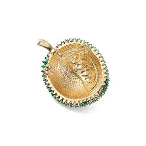 Exquisite gold-plated durian brooch back view, unique fruit design pin for women's daily wear.