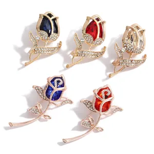 Vintage Alloy Rhinestone Flower Brooch For Women Elegant Crystal Tulip Pin Fashion Clothing Accessories banquet Party Gift