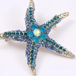 Exquisite blue rhinestone starfish brooch pin elegant alloy suit scarf accessory