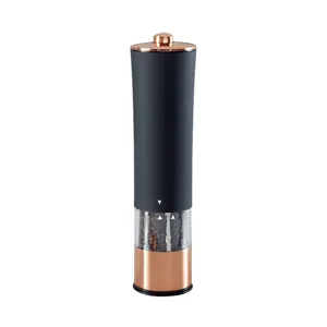 Molinillo de pimienta eléctrico negro y oro rosa, compartimento transparente, utensilio de cocina.