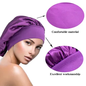 Close-up detail of the smooth purple satin fabric and neat workmanship on the elastic sleep cap.