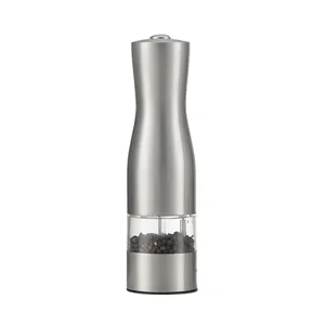 Stainless steel electric pepper and salt spice mill grinder with clear viewing window.