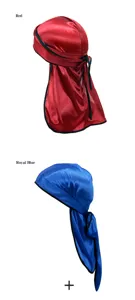 Silk satin durag long tail pirate cap detail view, smooth fabric with black piping trim.