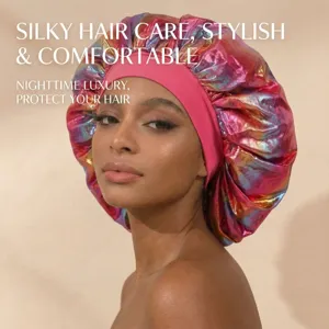 Large holographic satin sleeping bonnet for women, stylish nighttime hair care cap for soft hair.