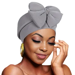 Elegant gray bow turban hat for women, soft cotton winter fashion head wrap hijab cap.