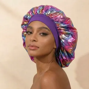 Detailed close-up view of the holographic satin sleep bonnet showcasing the soft purple elastic band.