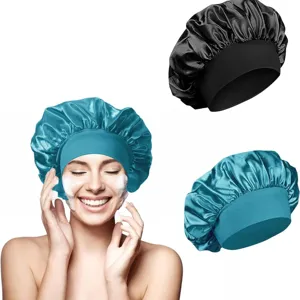 Nuevo gorro de dormir de satén liso de banda ancha para mujer, gorro de ducha elástico.