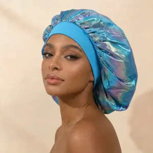 Large Satin Sleep Cap Laser Shiny Night Cap Wide Band Hair Care Bonnet For Women Sleeping Hair Styling Sleep Accessories