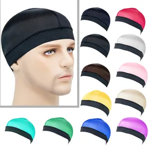 Unisexe Soie Satin Wave Cap Dome Cap Bonnet de Perruque Respirant Stretch Large Bande Durag Bonnet de Nuit Couleur Unie Accessoires Cheveux