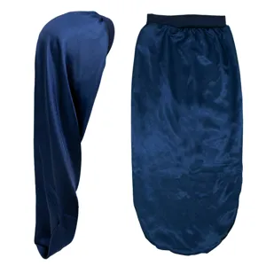 Bonnet de nuit long en satin pour femmes aux cheveux longs, bonnet de soin elastique bleu.