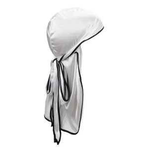 Seidenartiger Durag für Damen und Herren, weißes langes Kopftuch mit schwarzem Saum.