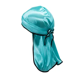 Silky durag with black edge long tail cyan head wrap breathable comfortable stylish hat