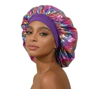Large metallic satin sleep bonnet for women, holographic shiny night hair care cap.