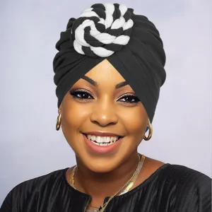 Turbante trenzado negro bohemio para mujer, pañuelo elegante y versátil para todos los días.