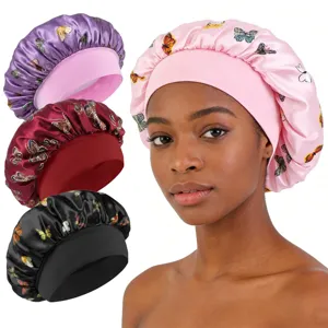 Women Satin Sleep Cap Wide Band Elastic Hair Care Bonnet Floral Print
