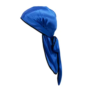 Blue silky satin long tail durag with piped edge, smooth breathable elastic chemo cap unisex