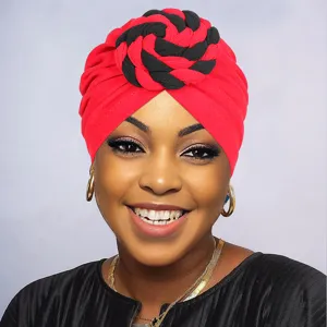 Turbante trenzado rojo y negro para mujer gorro quimioterapia elegante nuevo estilo