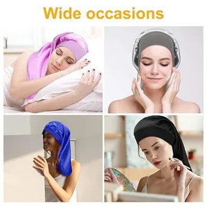 Women long satin sleep cap with wide elastic band hair bonnet for night sleep care