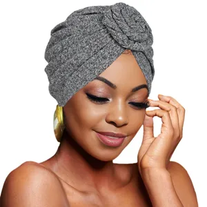 Grey knit turban hat for women, stylish twist knot head wrap and comfortable beanie cap.