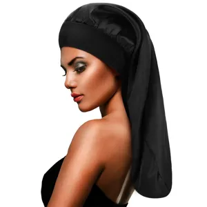 Black long satin sleep cap for women, high elastic wide band hair care bonnet for overnight use.