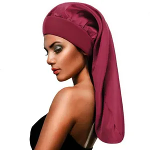 Long satin sleep cap detail shot, burgundy hair care bonnet with wide elastic band for women.