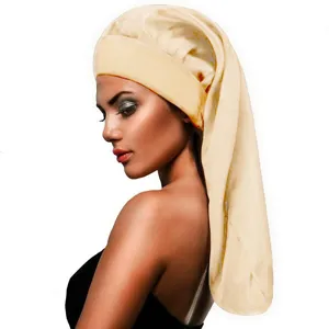 Detail view of long satin sleep cap, wide brim hair care bonnet for long hair protection.
