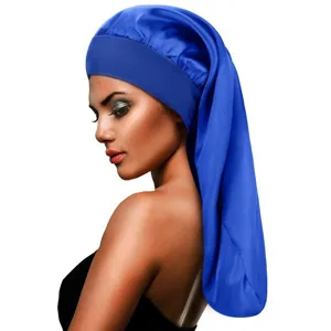 Royal blue long satin hair bonnet for women, wide band sleep cap with extra long design.