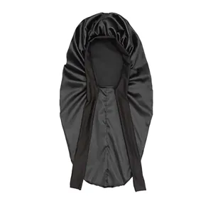 Premium black satin long sleep cap with adjustable ties for hair protection and styling.