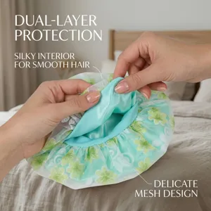 Double layer satin sleep cap with green floral mesh design, soft hair care bonnet for women.