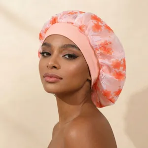 Double layer mesh floral sleep cap satin hair bonnet with elastic band for daily care.