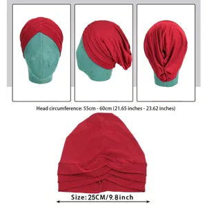 Red stretch turban head wrap detail view showcasing cross twist design and sizing specifications.