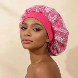 Pink double layer lace satin sleep bonnet for curly hair care, soft elastic band hair cap.