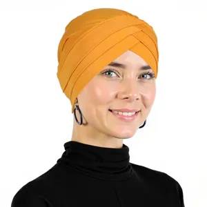 Solid color cross turban hat milk silk detail view, comfortable women headscarf cap.