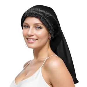 Gorro de dormir largo de satén negro para mujer, cofia sedosa para proteger el pelo.
