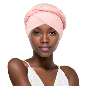Pink braided turban hat for women, stylish elastic head wrap cap for daily wear and fashion outfit.