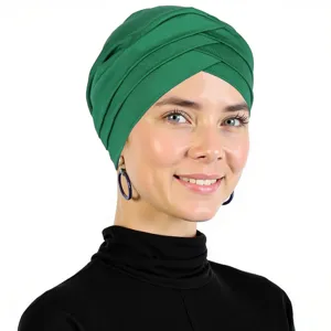 Green cross turban headscarf for women, solid color milk silk fabric, breathable stretch hat.