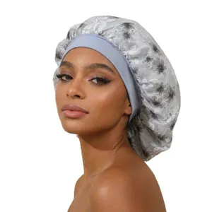 Premium double layer satin nightcap with floral mesh design and elastic band for hair care.
